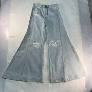 Mumu Blue Women's Jeans Size 24 Light Wash Distressed Super Flare Wide Leg Denim